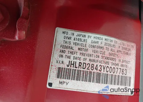 2000 Honda Cr-V Lx z USA, uszkodzony, nr VIN JHLRD2843YC007763